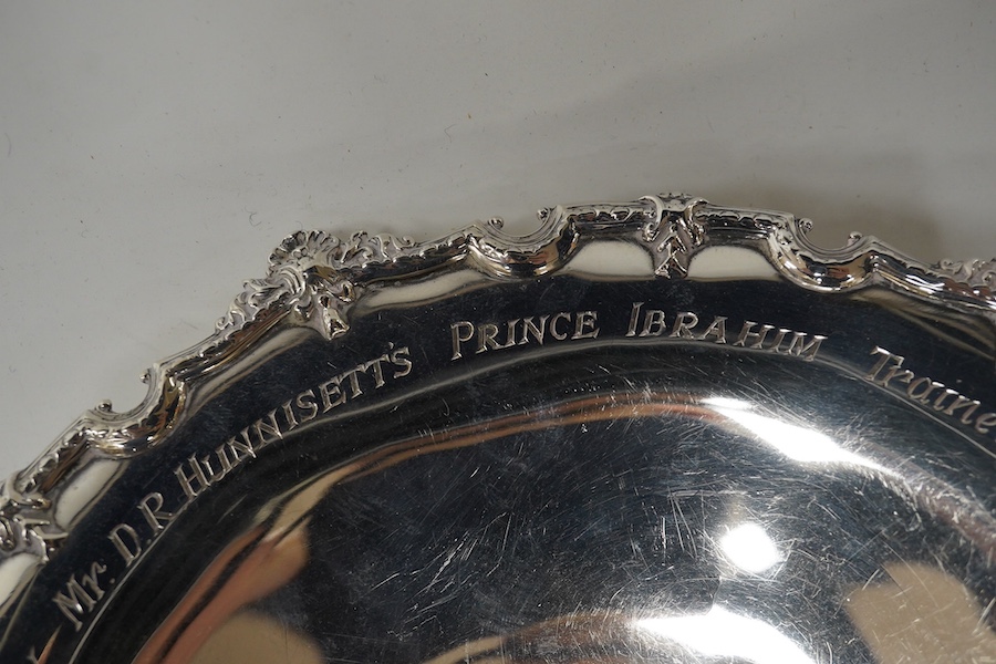 A George V silver pedestal bowl, by Mappin & Webb, Birmingham, 1931, with later engraved inscription, 22.6cm, 8.6oz. Condition - poor